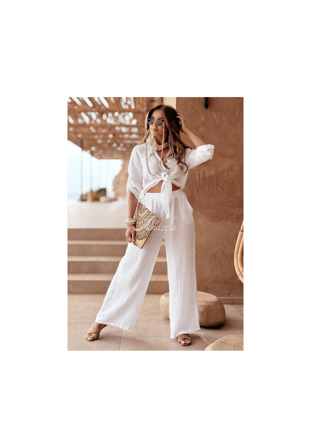 Ľanové nohavice Summery Essentials ecru