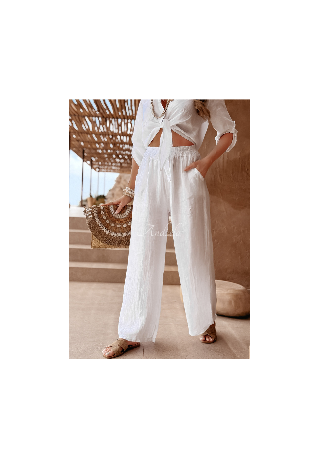 Ľanové nohavice Summery Essentials ecru