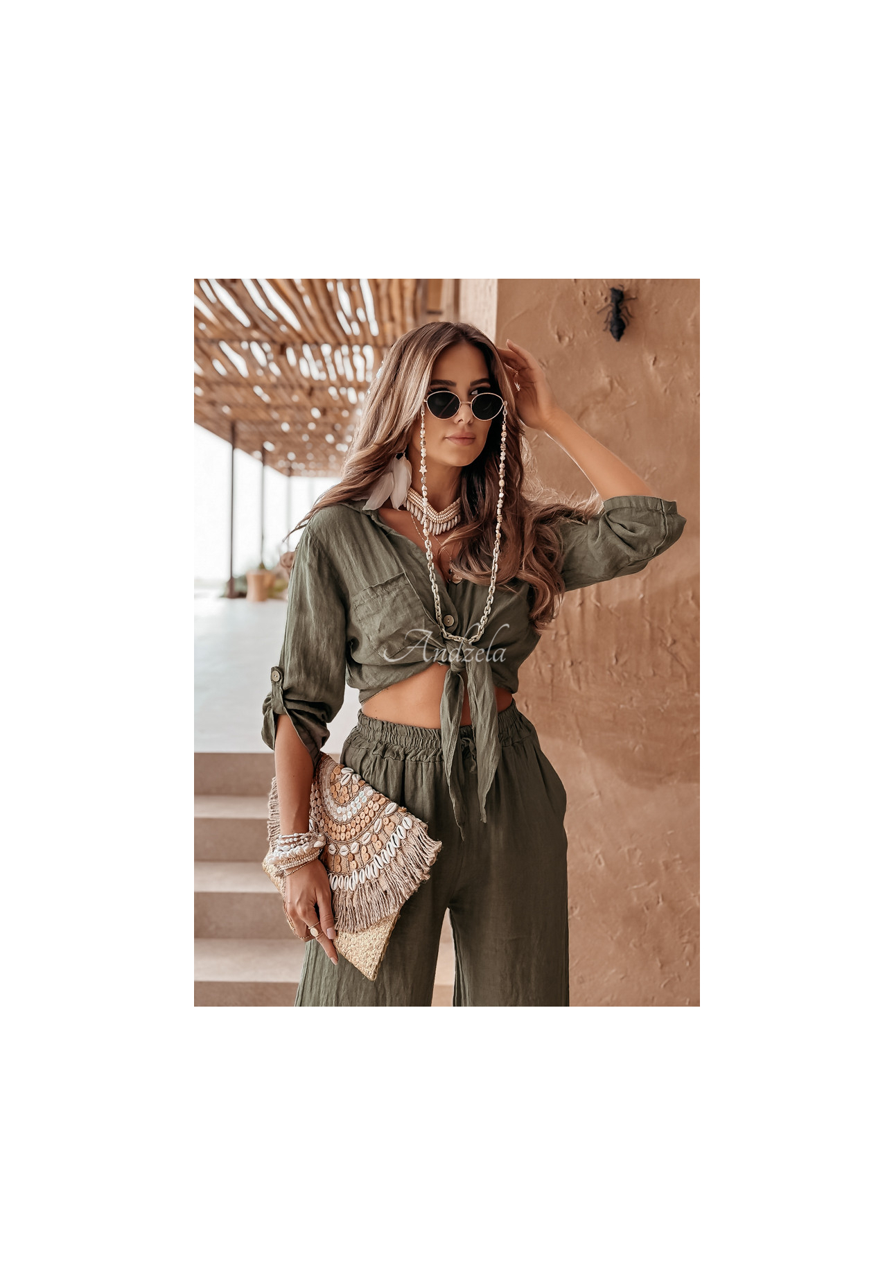 Krátka ľanová košeľa s viazaním Summery Essentials khaki