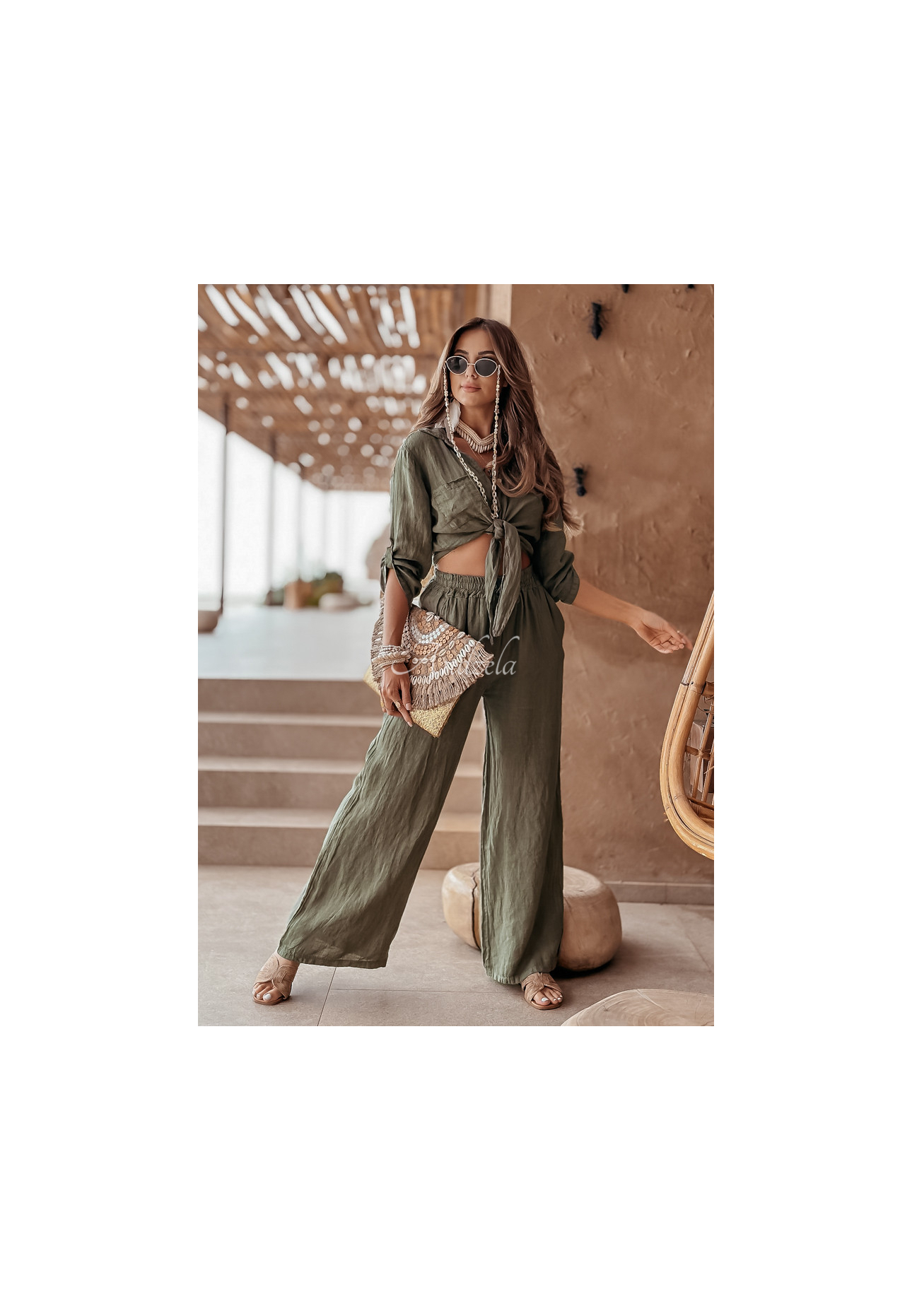 Krátka ľanová košeľa s viazaním Summery Essentials khaki