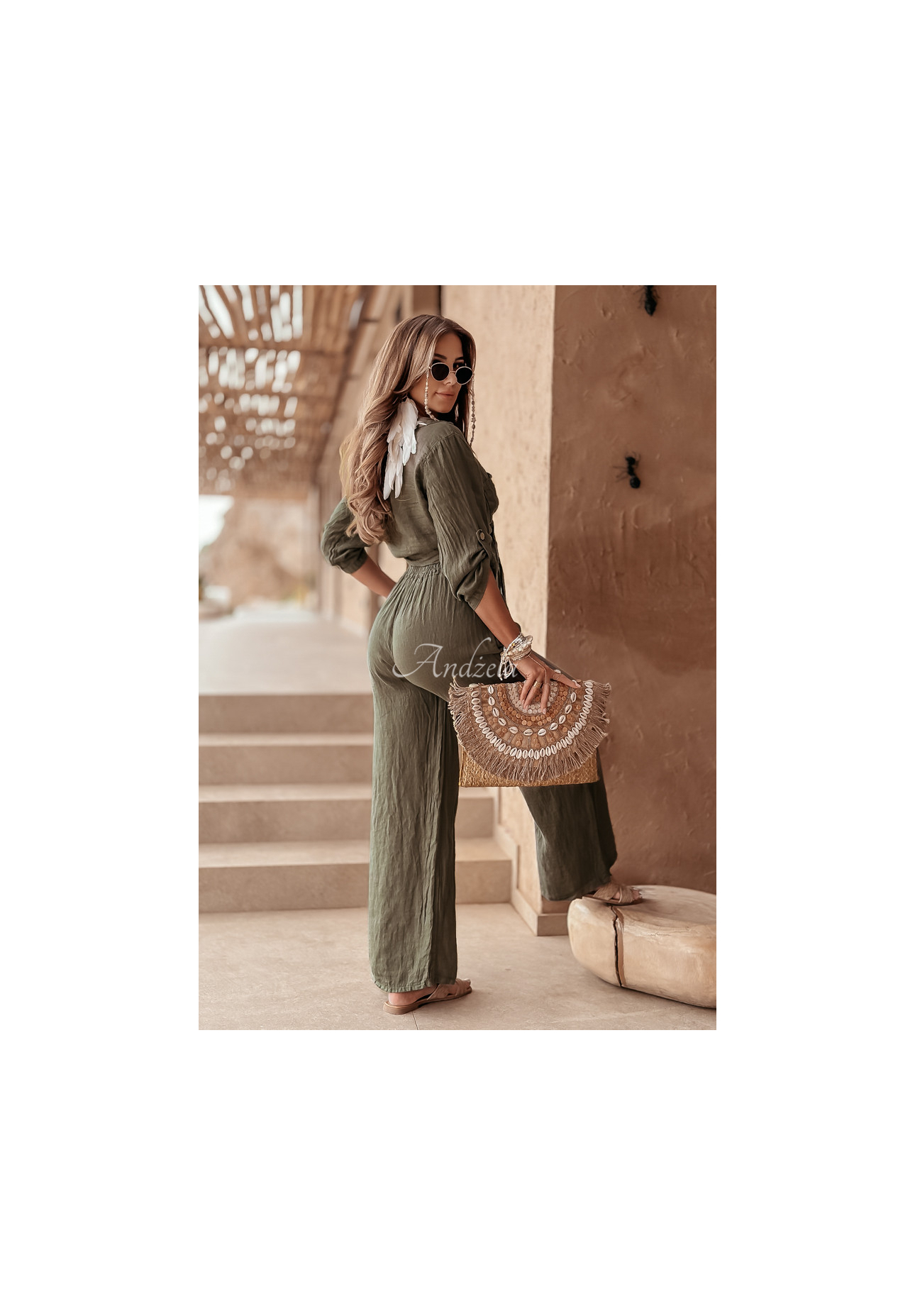 Krátka ľanová košeľa s viazaním Summery Essentials khaki