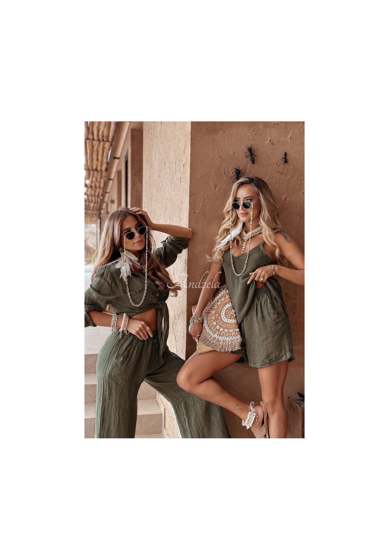 Krátka ľanová košeľa s viazaním Summery Essentials khaki