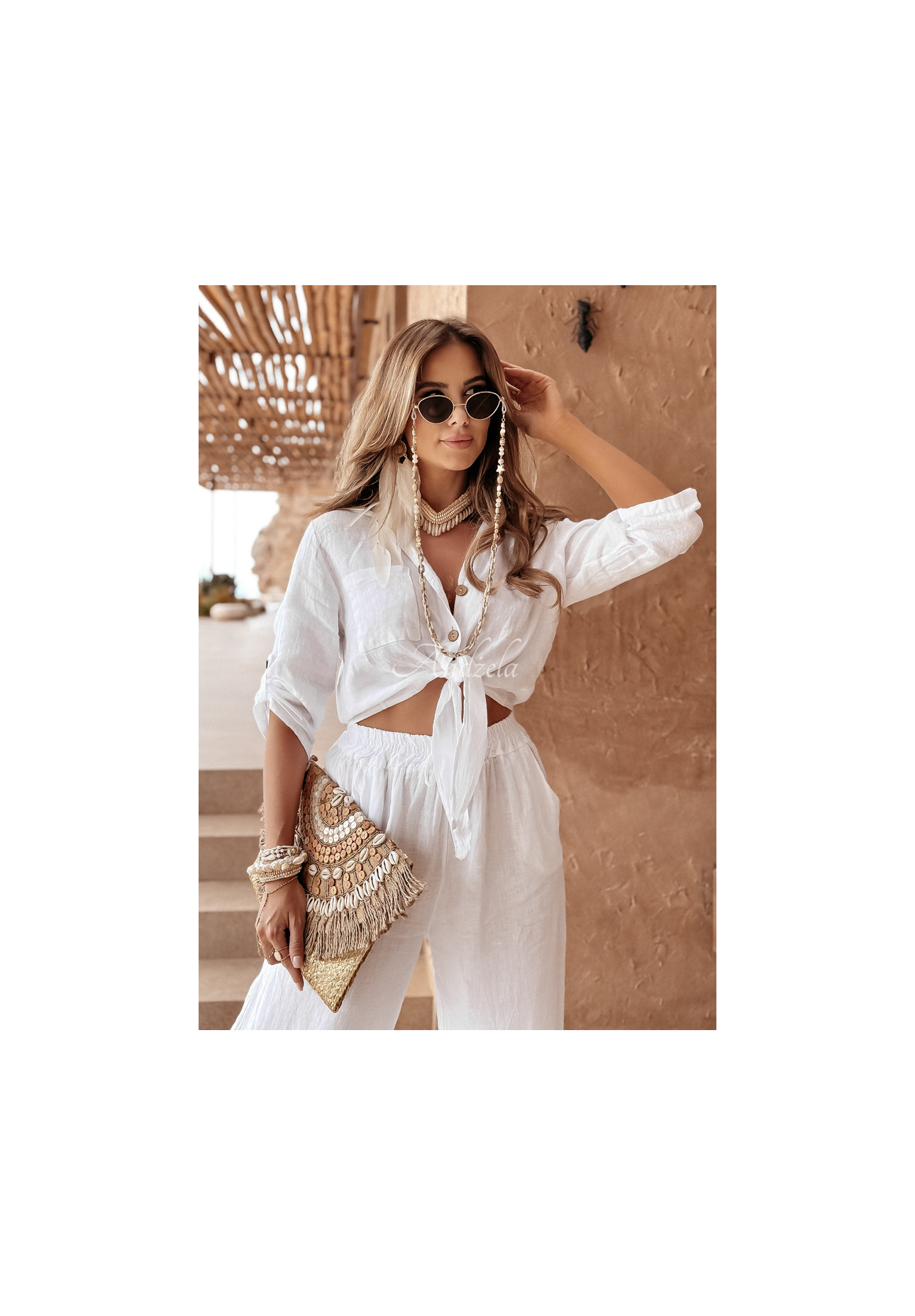 Krátka ľanová košeľa s viazaním Summery Essentials ecru