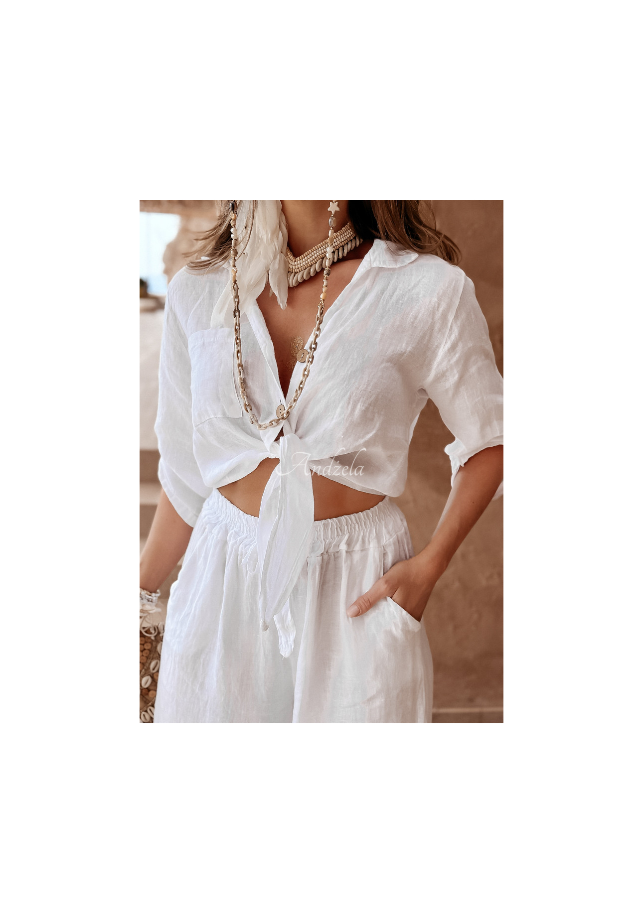 Krátka ľanová košeľa s viazaním Summery Essentials ecru