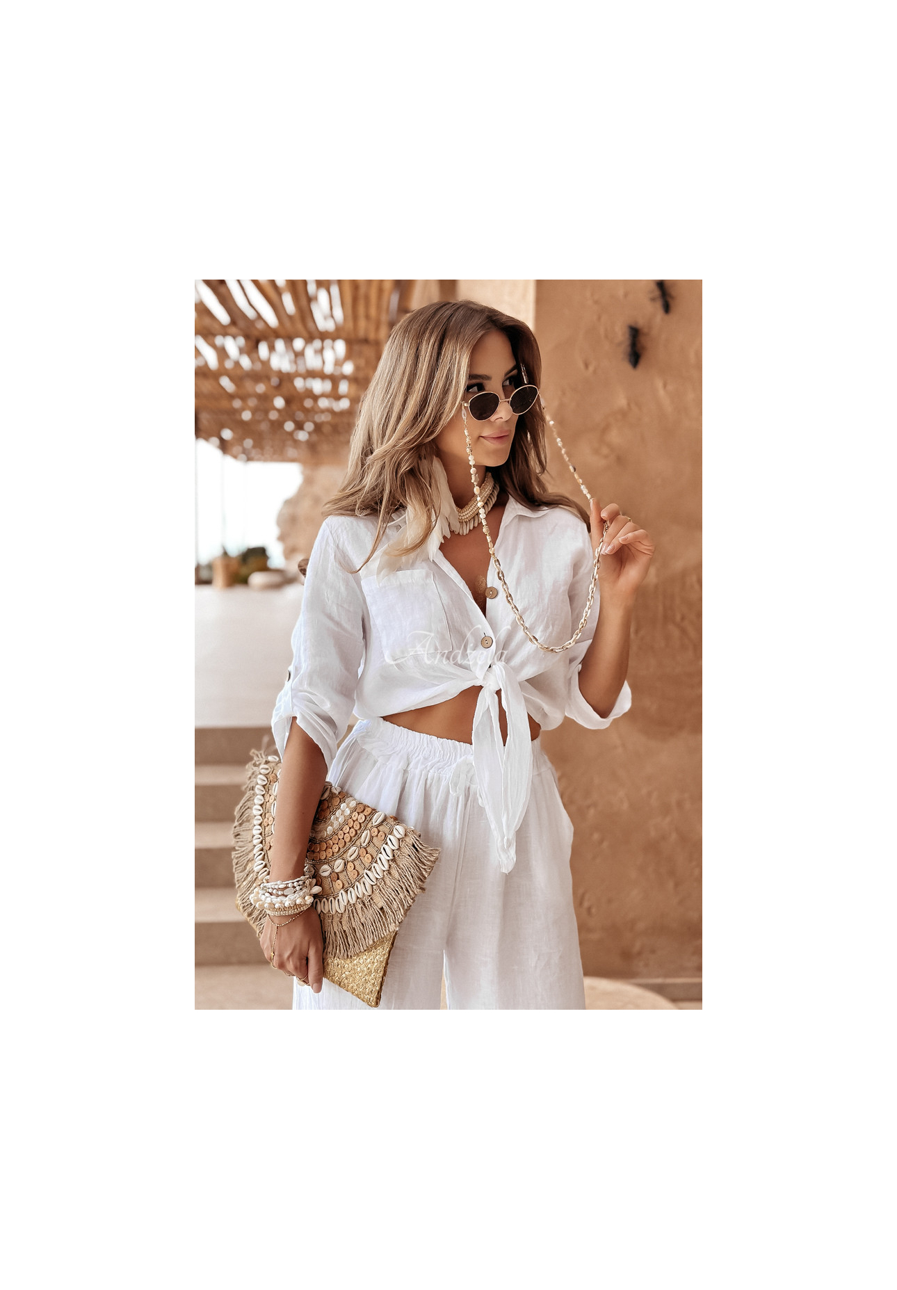 Krátka ľanová košeľa s viazaním Summery Essentials ecru