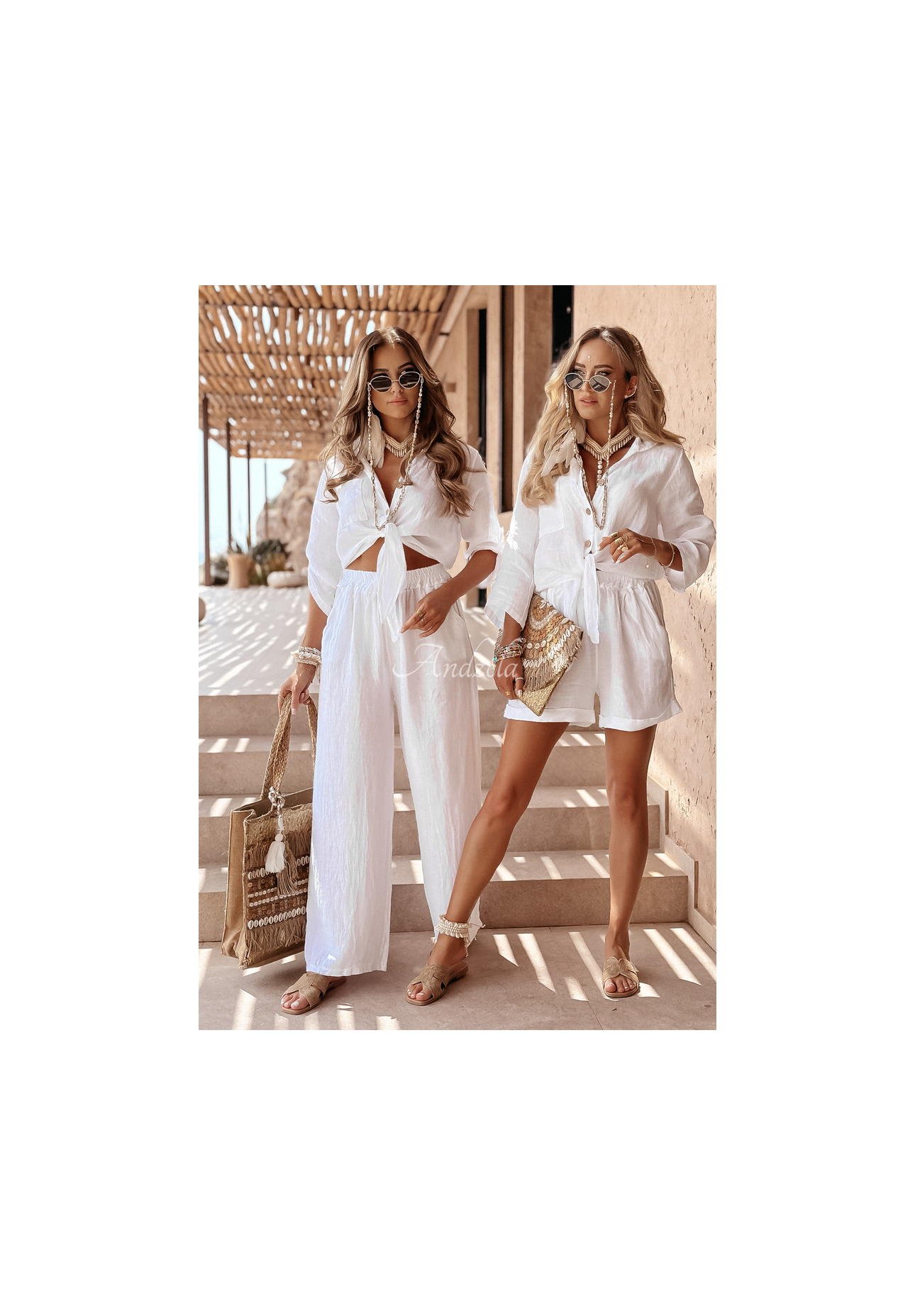 Krátka ľanová košeľa s viazaním Summery Essentials ecru