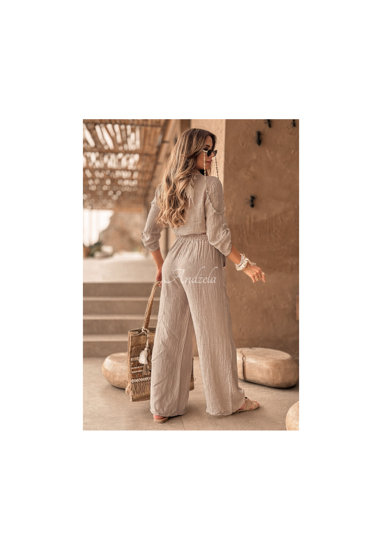 Krátka ľanová košeľa s viazaním Summery Essentials béžová