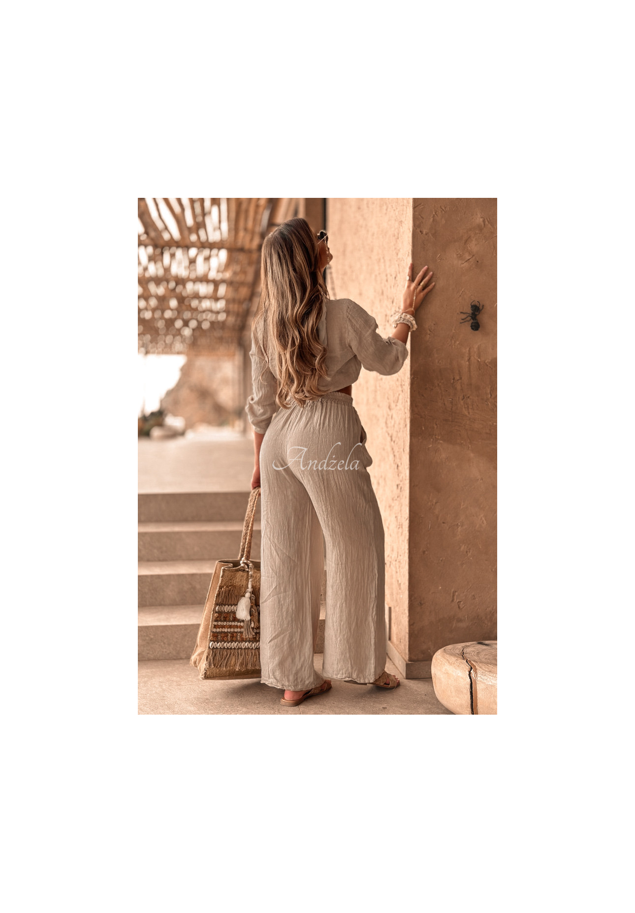 Krátka ľanová košeľa s viazaním Summery Essentials béžová