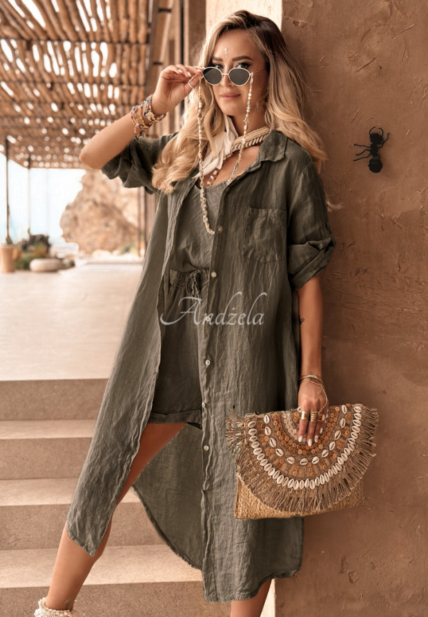 Ľanový košeľový prehoz na pláž Summery Essentials khaki