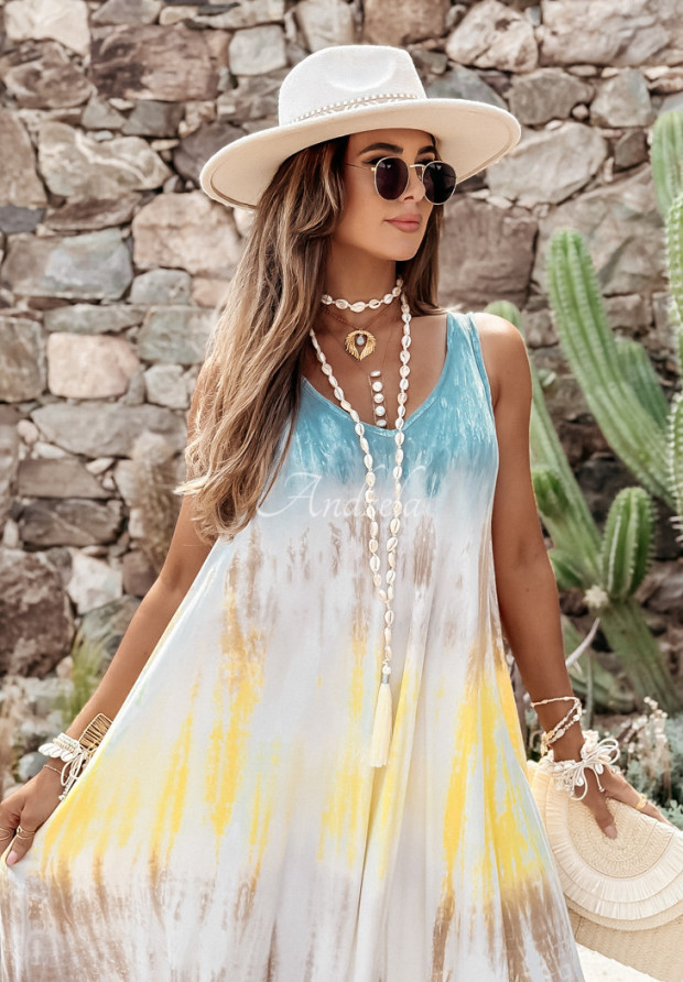 Šaty maxi tie dye Beach Style modro-žltá