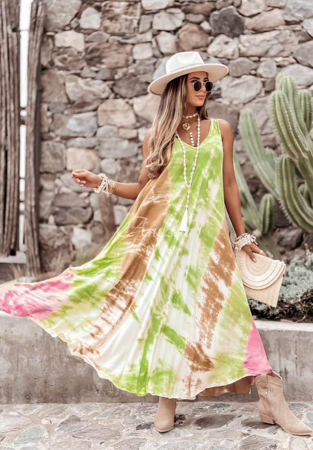 Šaty maxi tie dye Beach Style zelené-ťavia