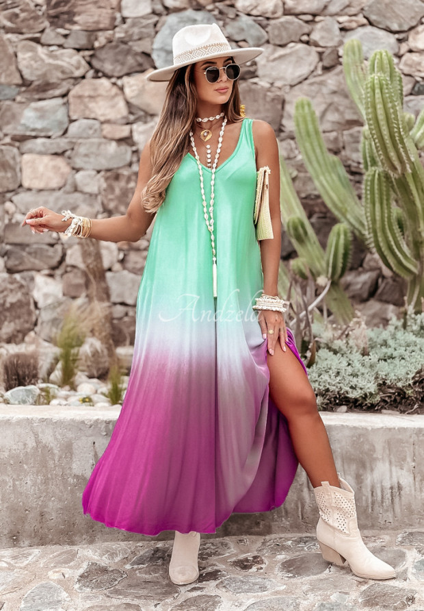 Šaty maxi s efektom ombre Beach Style mätovo-fialové