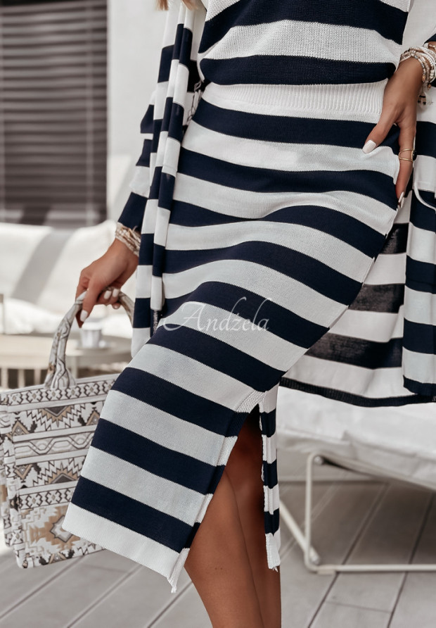 Úpletová, pásikavá sukňa s rozparkom Sea Cruise bielo-tmavomodrá