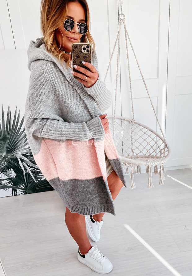 Dlhý kardigán oversize s kapucňou Debby púdrovo ružová