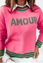 Sveter z napisem Amour różowo-zelený