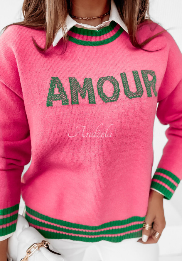 Sveter s nápisom Amour ružovo-zelený