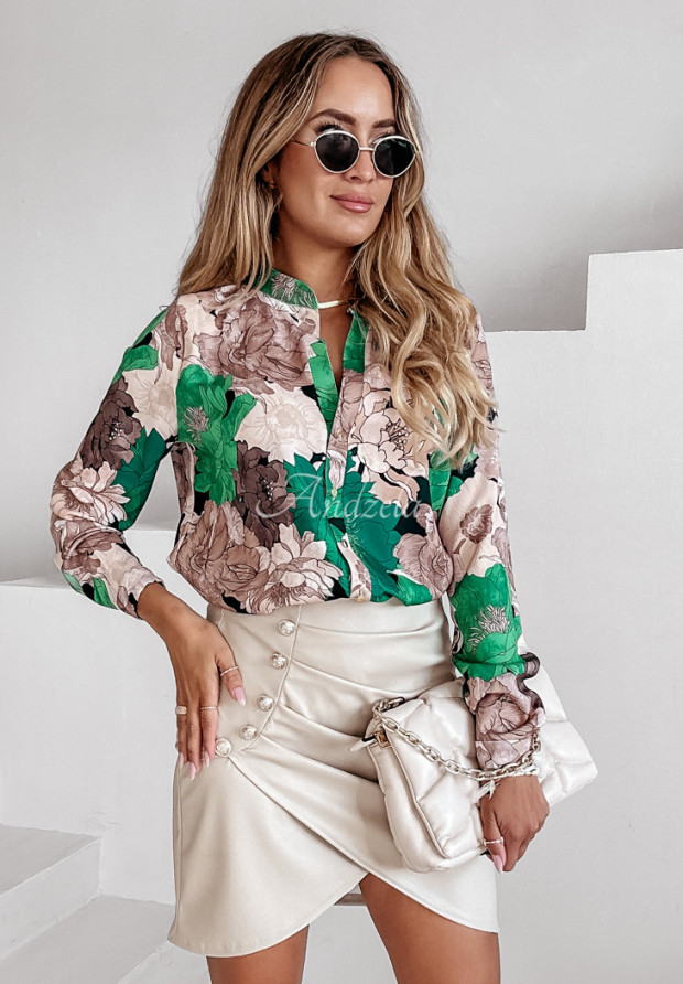 Vzorovaná košeľa so stojačikom a výstrihom Floral Designs béžovo-zelená