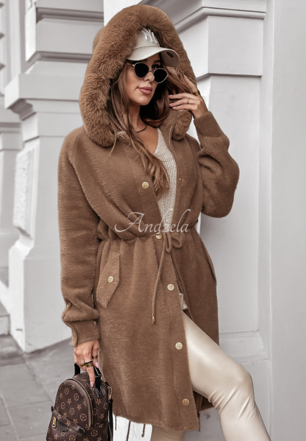 Kabát alpaka s kapucňou s kožušinou Mellow Melody ťavý