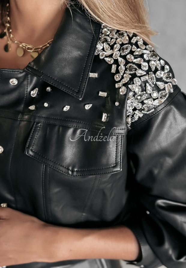 Krátka bunda z imitácie kože s kamienkami Diamond Girl čierna