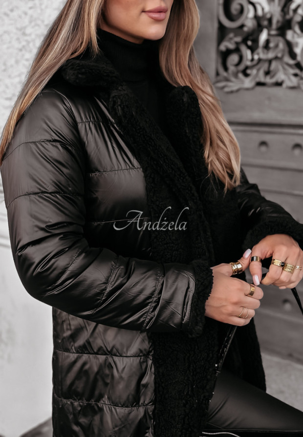 Dlhý obojstranný kabát z imitácie kožucha Winter Ice čierne