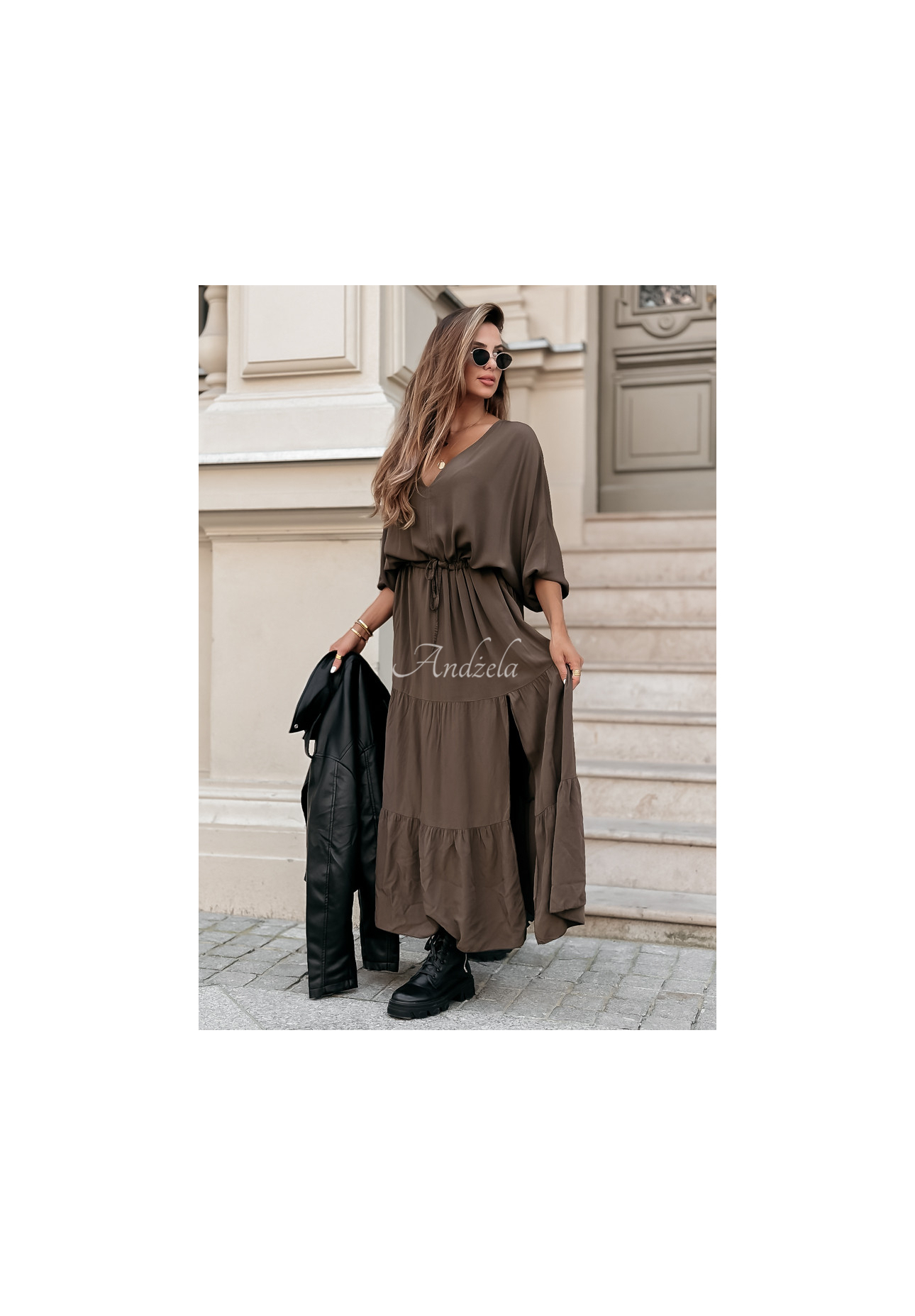 Viskózové šaty maxi s volánmi Colletta hnedá