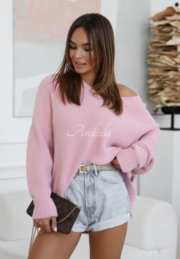 Oversize sveter s výstrihom Cocomore Marshmallow Touch púdrovo ružová