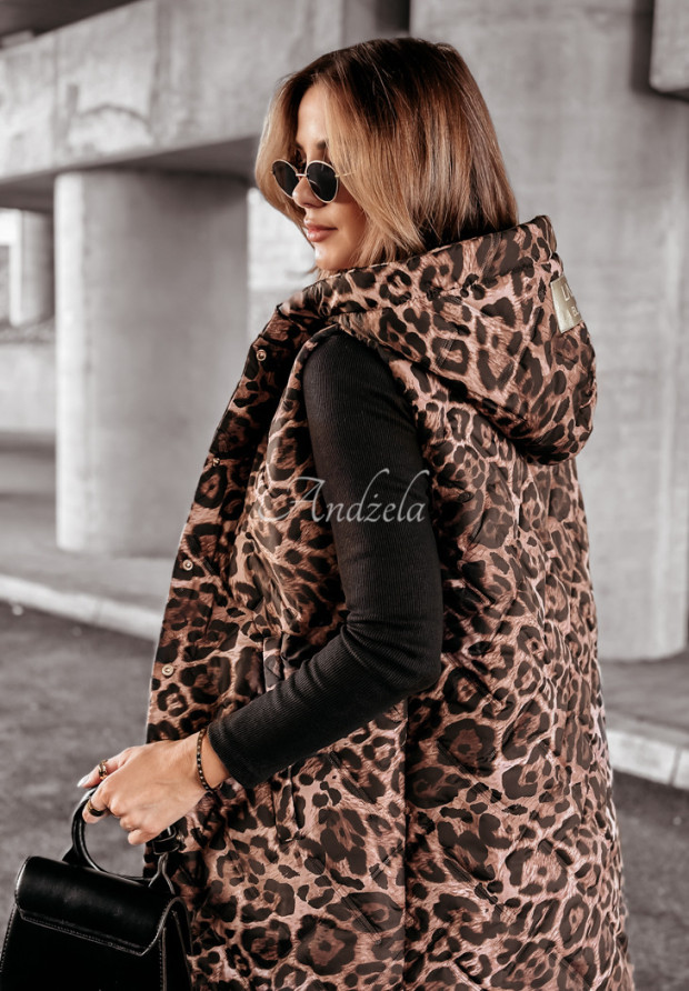 Dlhá vesta s kapucňou Wild Weather s leopardím vzorom