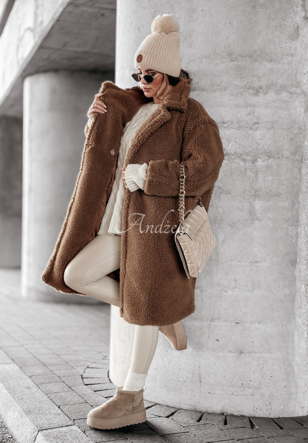 Dlhý kabát z imitácie kožuchu Essence Of Autumn čokoládový