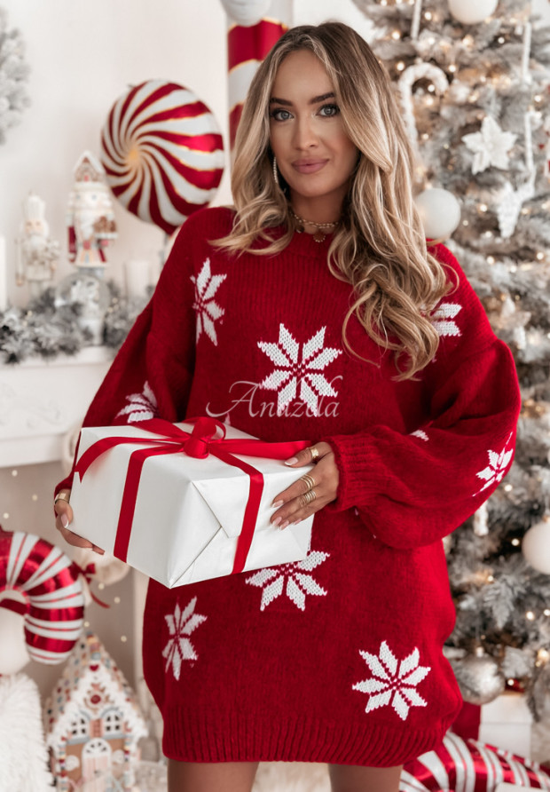 Dlhý vianočný sveter so snehovými vločkami Christmas Magic červený