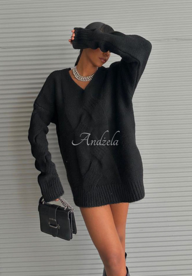 Dlhý ozdobne pletený sveter oversize Ambrosso čierne