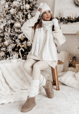 Súprava čiapka, šál, rukavice a návleky 4v1 White Winterland ecru