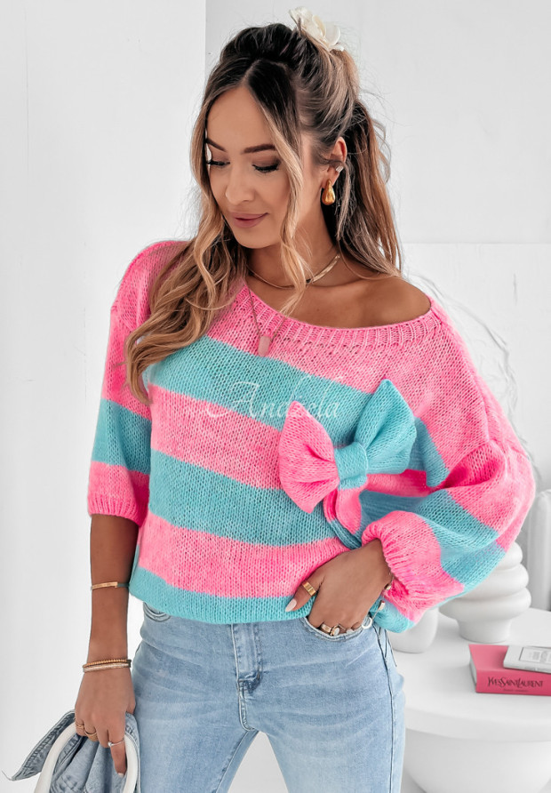 Pásikavý sveter s mašľou Brilliant Blend mentolovo-ružový
