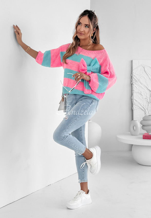 Pásikavý sveter s mašľou Brilliant Blend mentolovo-ružový