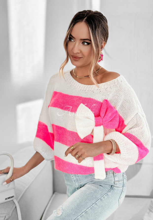 Pásikavý sveter s mašľou Brilliant Blend ružový