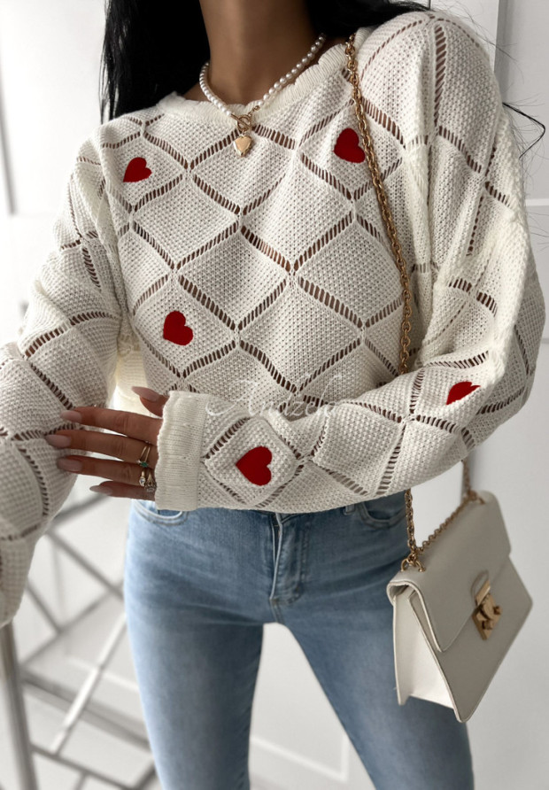 Krátky ažúrový sveter so srdiečkami Valentine's Wishes ecru
