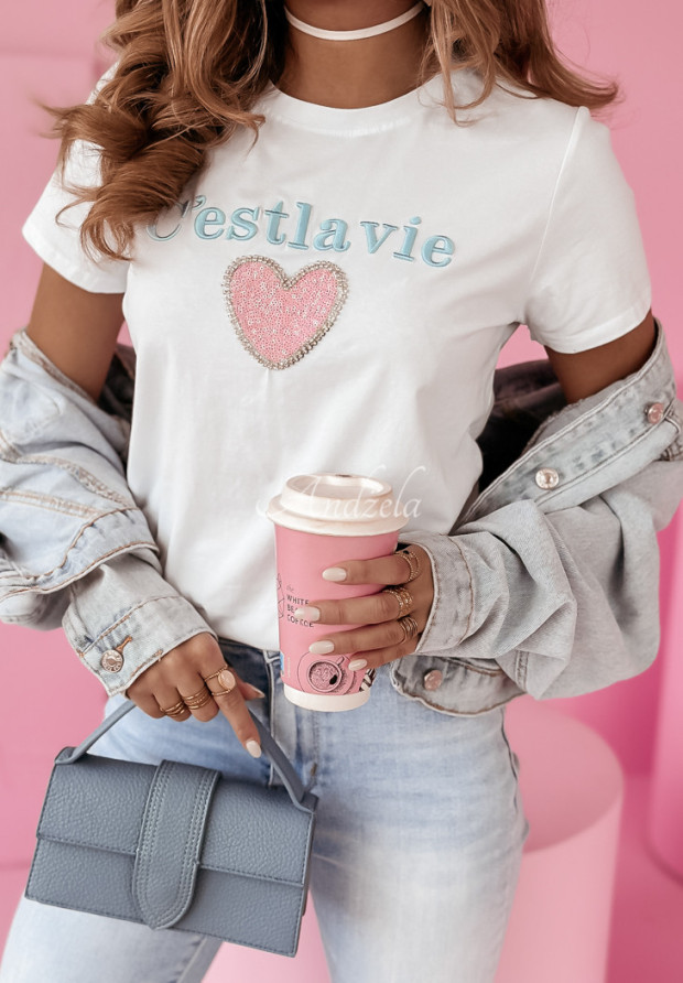 Tričko s ozdobnou aplikáciou C'est La Vie bielo-ružové