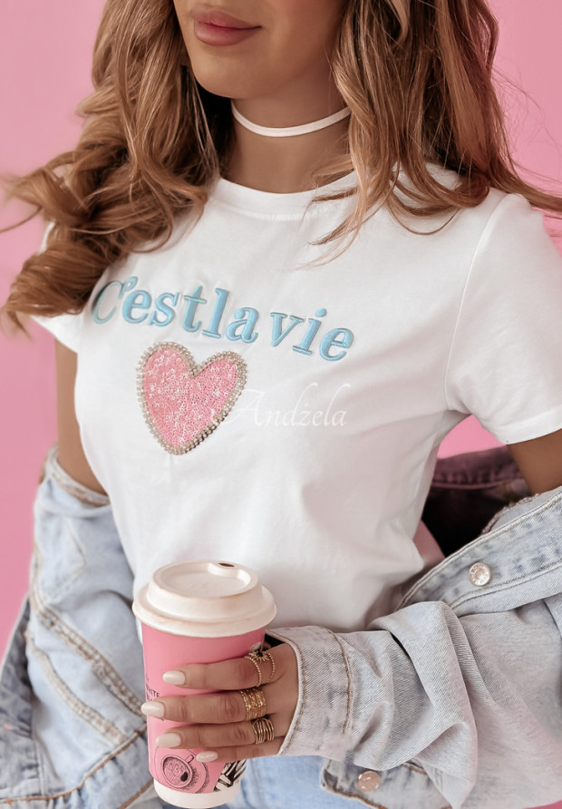 Tričko s ozdobnou aplikáciou C'est La Vie bielo-ružové