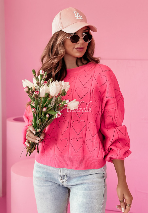 Ažúrový sveter so srdiečkami Be My Valentine ružový