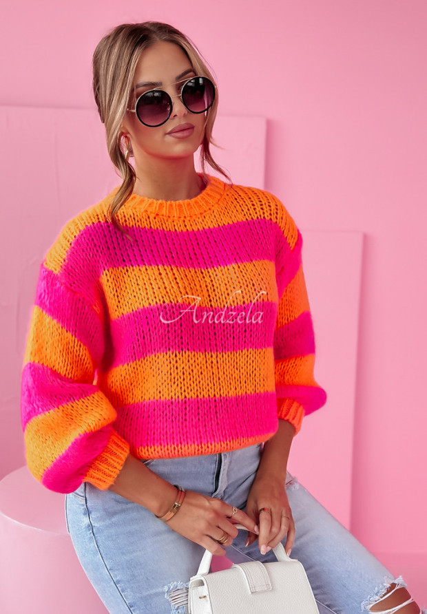 Krátky sveter s pruhmi Verso oranžovo-ružový