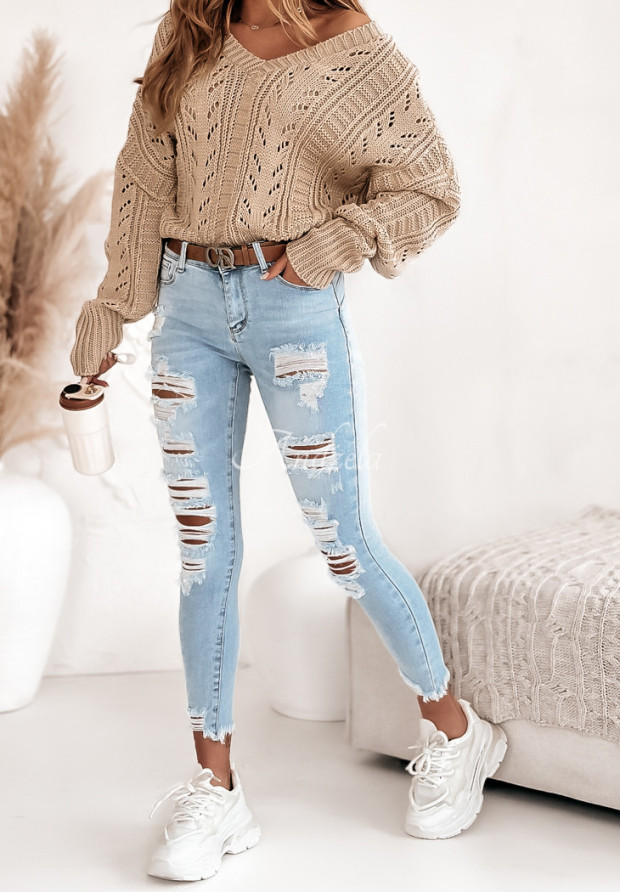 Skinny džínsy s odreninami Laraine svetlomodré
