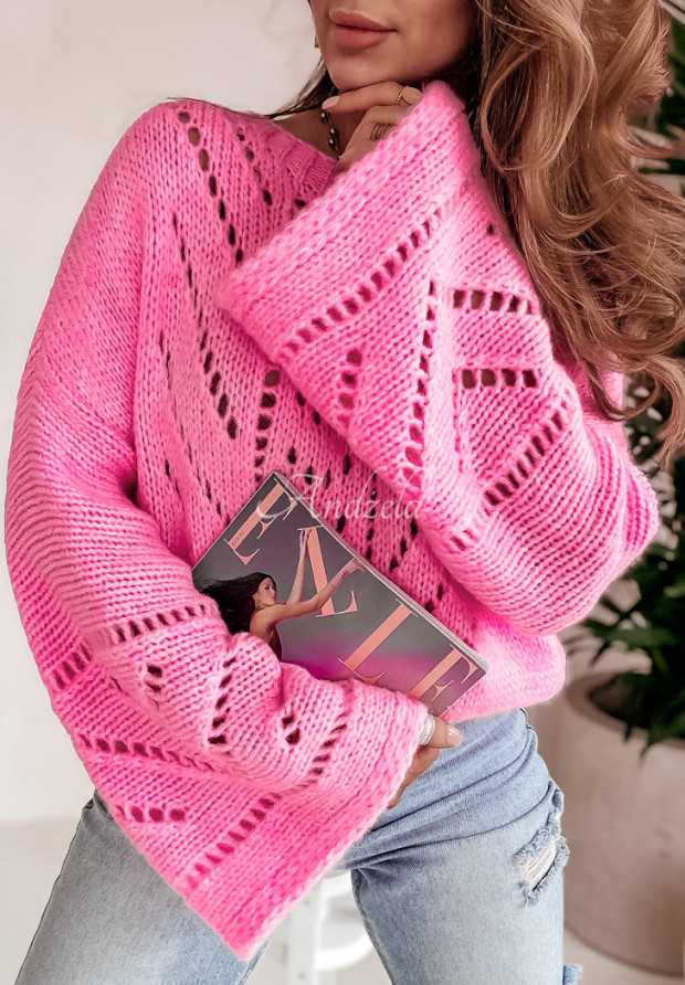 Ažúrový sveter so širokými rukávmi Softened Touch ružový