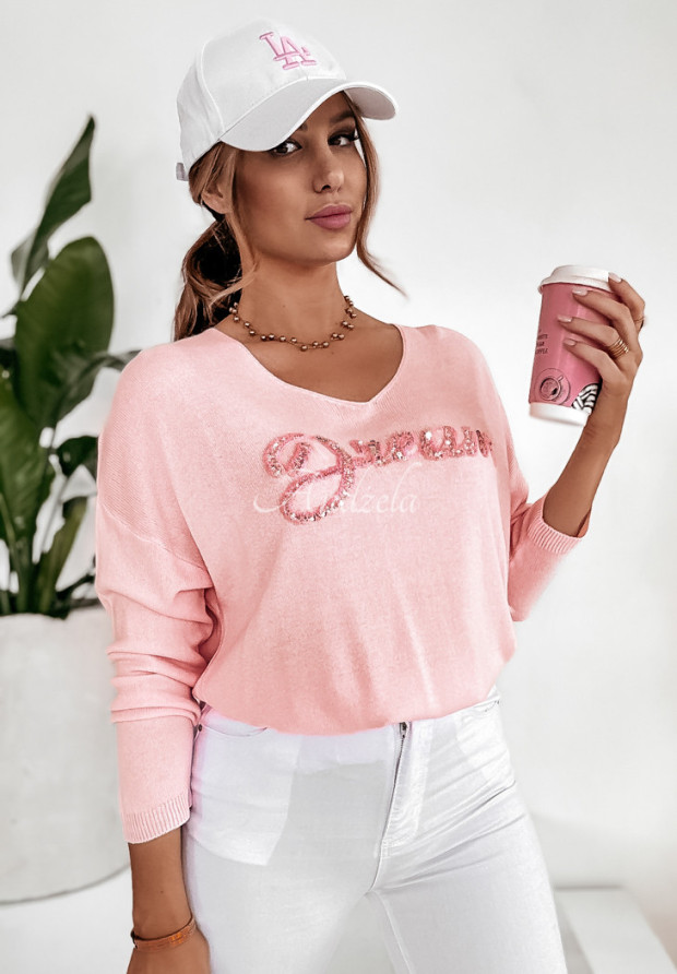 Ľahký svetrer s ozdobným nápisom Dream ružový
