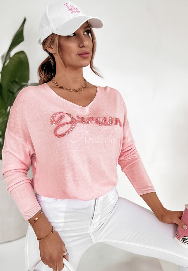 Ľahký svetrer s ozdobným nápisom Dream ružový