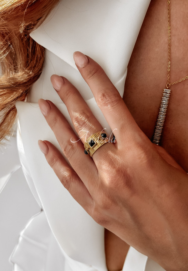 Široký prsteň s kamienkami Aura Adornments zlato-čierny