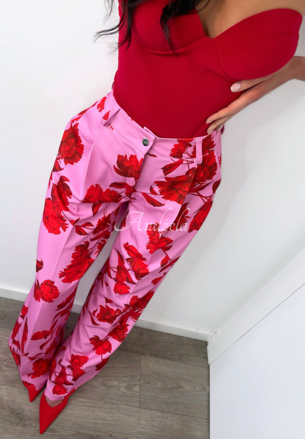 Kwieciste Nohavice wide leg Bloom & Brilliance różowo-červené