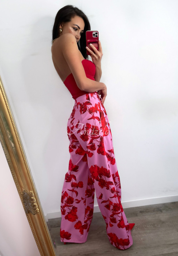 Kvetinové široké nohavice Bloom & Brilliance ružové-červené