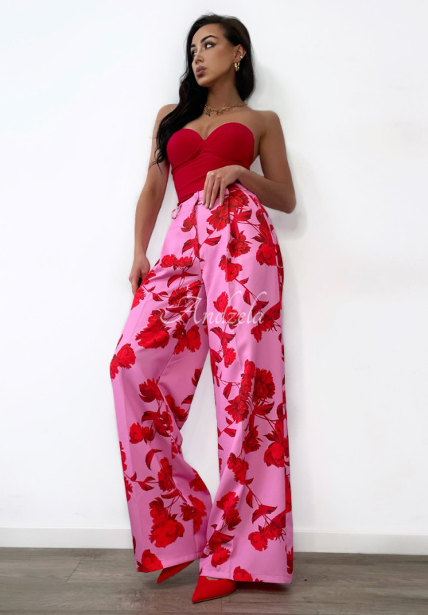 Kvetinové široké nohavice Bloom & Brilliance ružové-červené