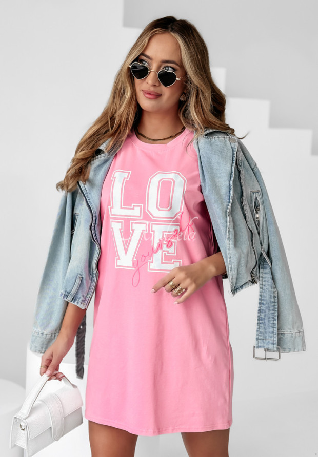 Dlhé tričko šaty Love Yourself ružový