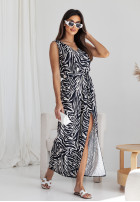 Šaty midi z rozcięciem w zebrę Wild Vine biało-čierna