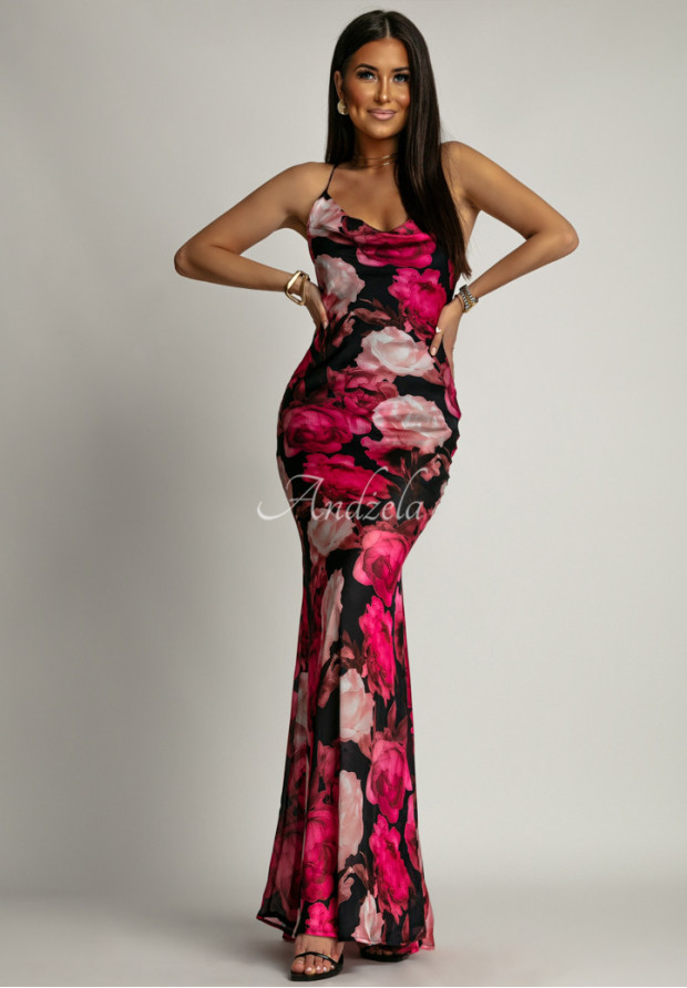 Kvetinové šaty maxi na ramienka La Milla Savage Shimmer čierno-ružové